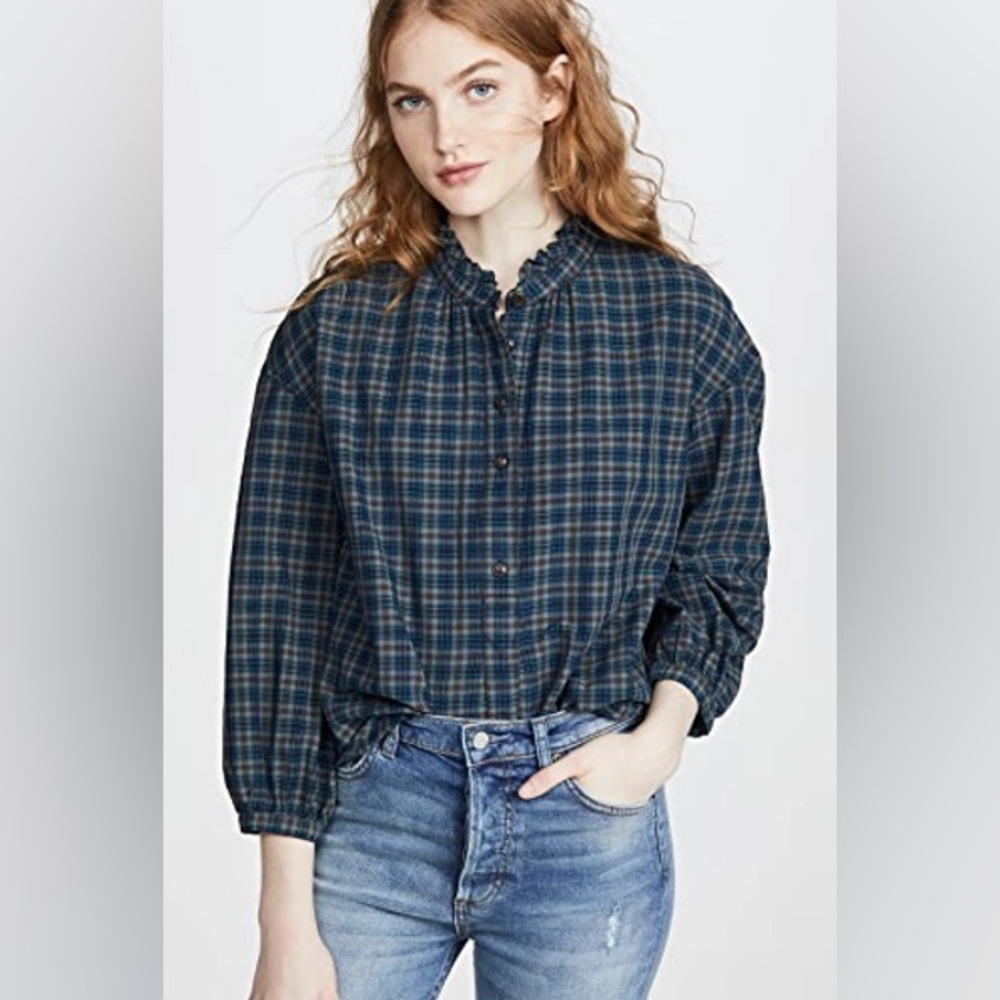 Madewell plaid ruffle neck blouse